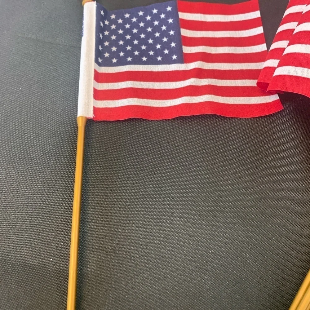 Small American Flags, 10” tall, plastic flag pole, cotton flag, 8 flags, NWOT
